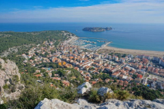 Spain view over the coastal town of l'Estartit with the Medes islands marine reserve, Costa Brava, Mediterranean sea, Catalonia